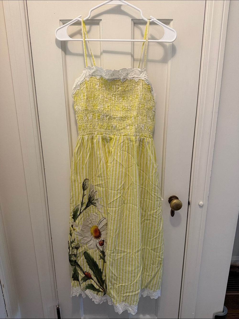 NWT Anthropologie LyreBird Yellow Striped Midi with Floral Print and Lace Trim